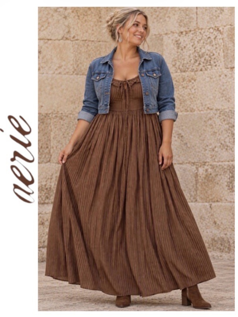 XXL Aerie Happy & Drapey Side Smocked Dress Brown Ruffle-Trim, New With Tags